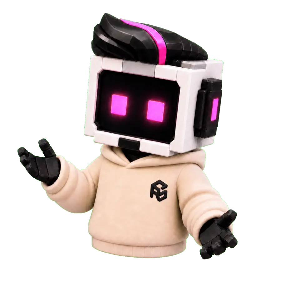 Robot de RadonSoft para ventas y seguimiento comercial, con buso beige y peinado negro y fucsia