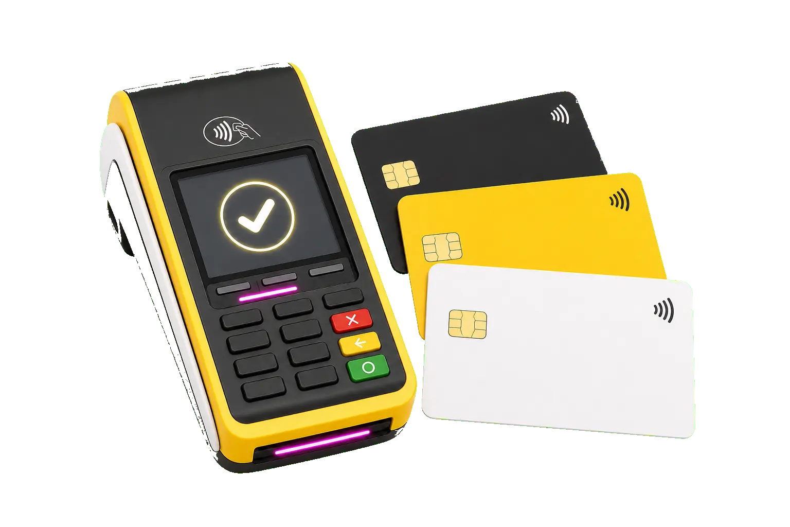 Datáfono genérico con tres tarjetas para pagos integrados