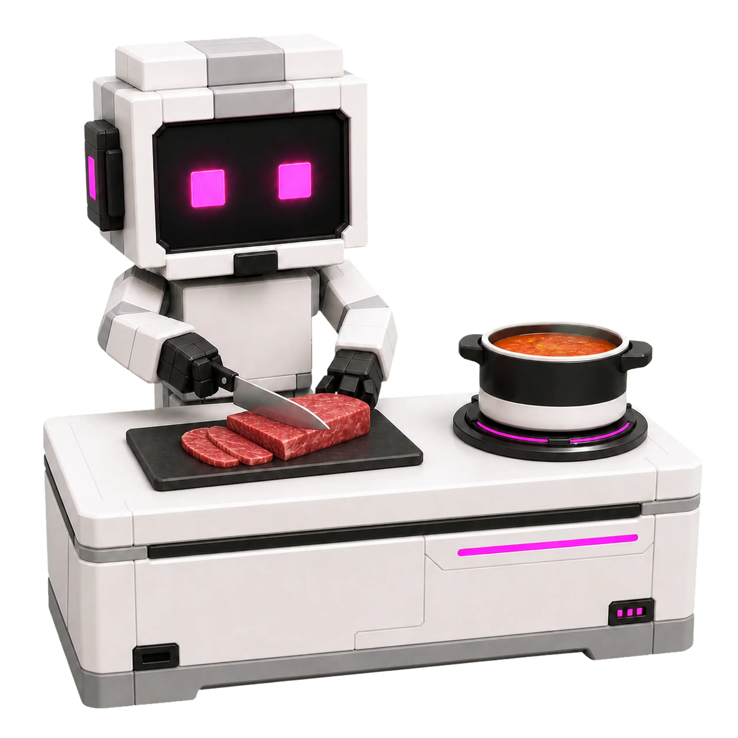 Mascota de RadonSoft con gorro de chef preparando carne junto a una olla en una estación de cocina futurista